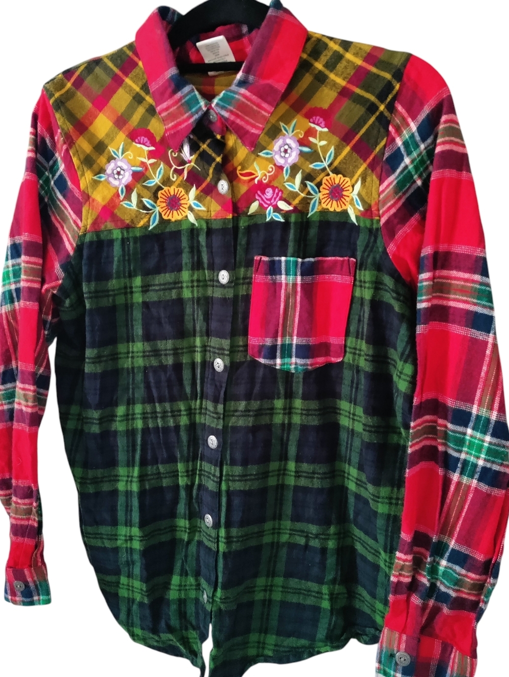 VTG Blair Embroidered Floral Patchwork Flannel Shirt Button Front Boho Indie